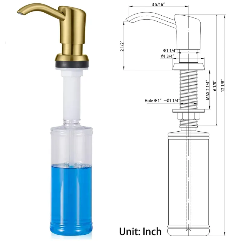 Photo 1 of  Built in Sink Soap Dispenser or Lotion Dispenser for Kitchen Sink, Brushed Gold ABS Pump Head, with 13 Ounce Large PET Soap Bottle
