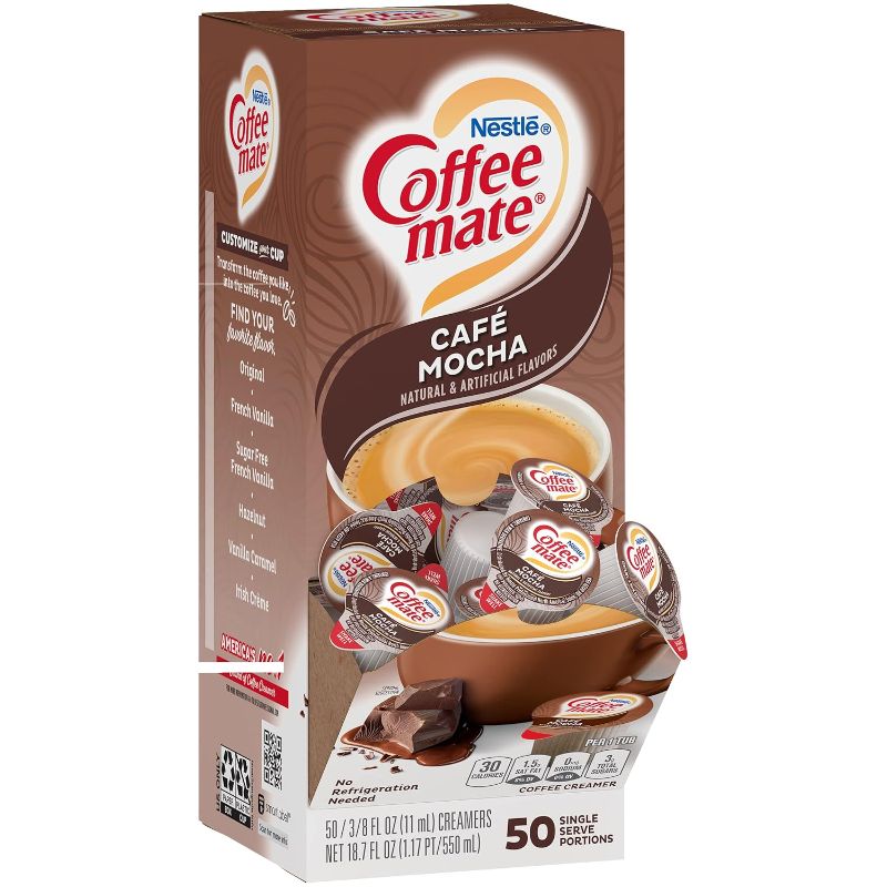 Photo 1 of 50 Singles Pods exp date 07/2024----Nestle Coffee Mate Coffee Creamer, Cafe Mocha, Liquid Creamer Singles, Non Dairy, No Refrigeration, Box of 50 Singles 