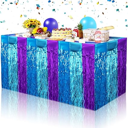 Photo 1 of 4 Pack Table Skirt Party Decorations, Winter Blue and Purple Metallic Foil Fringe Tinsel Table Skirts, Winter Wonderland Table Decorations for Mermaid Snowflake Birthday Party Supplies, 30x108 Inch