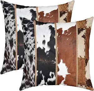 Photo 1 of  Set of 2 Cow Fur Throw Pillow Covers 18x18 For Kids Boys Girls, Milk Cow Skin Pillow Covers, Vintage Animal Skin Cushion Covers, Farmhouse Western Animal Faxu Patchwork Square Pillow Cases