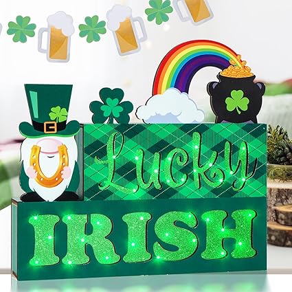 Photo 1 of 10 IN St Patricks Day Decorations 3-Layered St Patricks Day Wooden Sign Lighted St Patricks Day Decor Battery Operated St Patricks Day Block Sign with Shamrock Pot of Gold Rainbow Horseshoe for Table