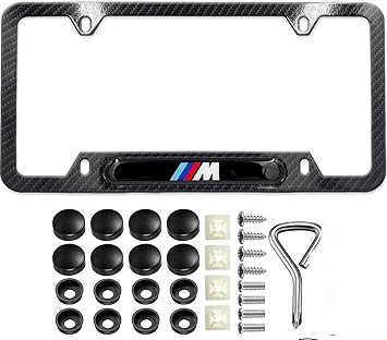 Photo 1 of  Black License Plate Frames for BMW-M, Carbon Fiber License Plate Holder Bracket, Premium Aluminum Alloy Weather Proof License Plate Covers with Screw Caps Set Car Accessories(B-M-W-M)