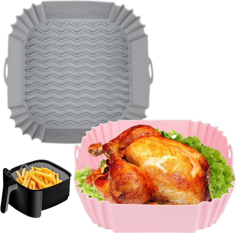 Photo 1 of 2 PCS Square Silicone Air Fryer Liners - 8 Inch Reusable Air Fryer Pot - Air Fryer Accessories - Air Fryer Inserts for 4 to 7 QT Oven Microwave Accessories (Grey + Pink)
