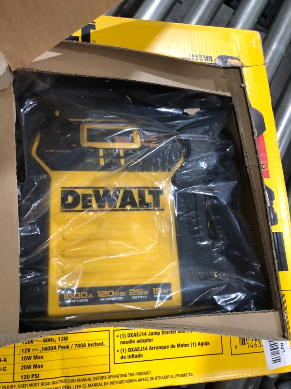 Photo 3 of DEWALT DXAEJ14-Type2 Digital Portable Power Station Jump Starter - 1600 Peak Amps with 120 PSI Compressor, AC Charging Cube, 15W USB-A and 25W USB-C Power for Electronic Devices