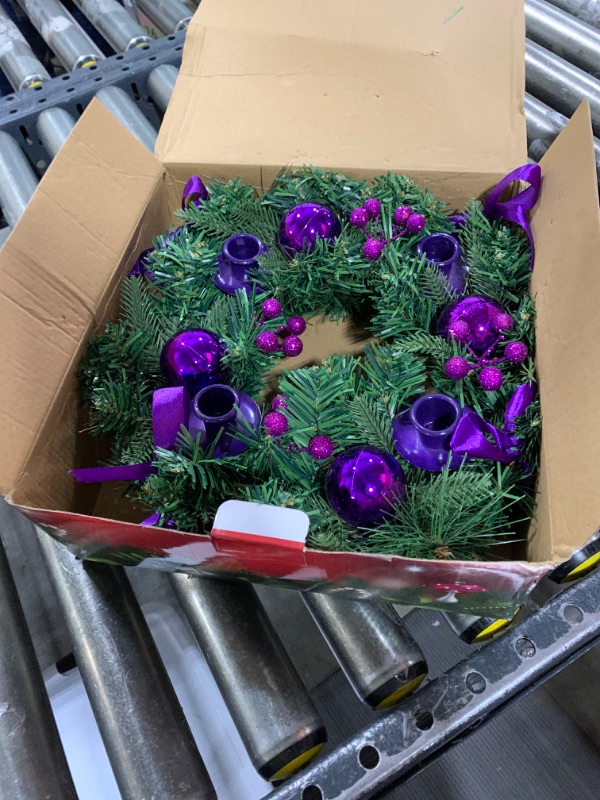 Photo 2 of [Safety Fire Retardant] Purple Christmas Advent Wreath Decoration, Lifelike Feel 4 Advent Candle Holder Centerpiece Christmas Decorations Gift for Church Holiday Home Indoor Ribbons Balls(No Candles)