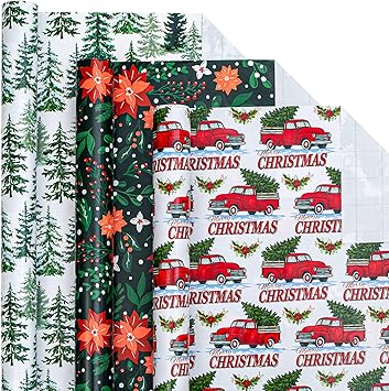 Photo 1 of Afucus Christmas Wrapping Paper, 3 Mini Rolls, Christmas Tree Pickup, Christmas Berries, Merry Christmas Gift Wrapping Paper Rolls for Christmas, Parties, Birthdays, Parties (17 Inch X 120 Inch)