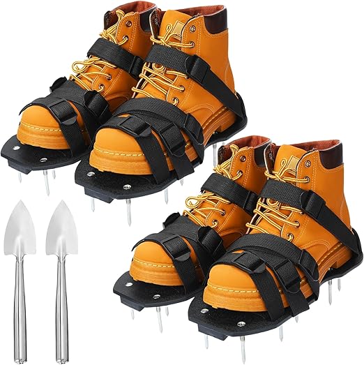 Photo 1 of 2 Pairs Lawn Aerator Shoes Pre Assembled Grass Aeration Shoes for Lawn Aerator Lawn Tool Stainless Steel Shovel with Loop Strap for Men Women Garden Yard Lawn Patio Soil Seed Spreader