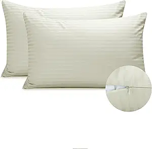 Photo 1 of 100% Luxury Quality Hotel Cotton Pillow Protector Case Cover with Zipper Closure,Soft,Thick and Breathable, No Pilling, Satin Stripe Weave,Pillowcases Set of 2(20*40Inch , Beige XL King )