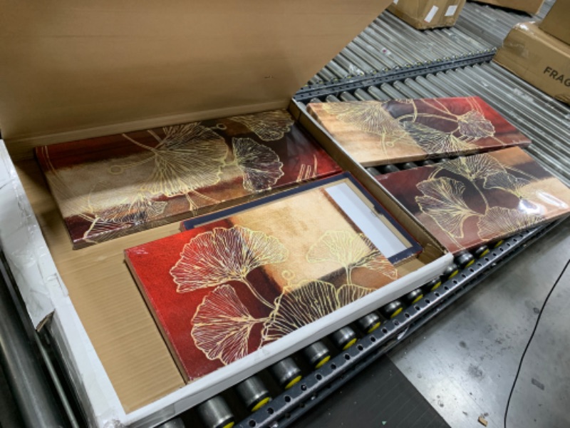 Photo 1 of sechars Large 5 Piece Abstract Canvas Wall Art Gold Ginkgo Leaf Paintings Prints Modern Burgundy and Brown Home Living Room Wall Decoration (Red)