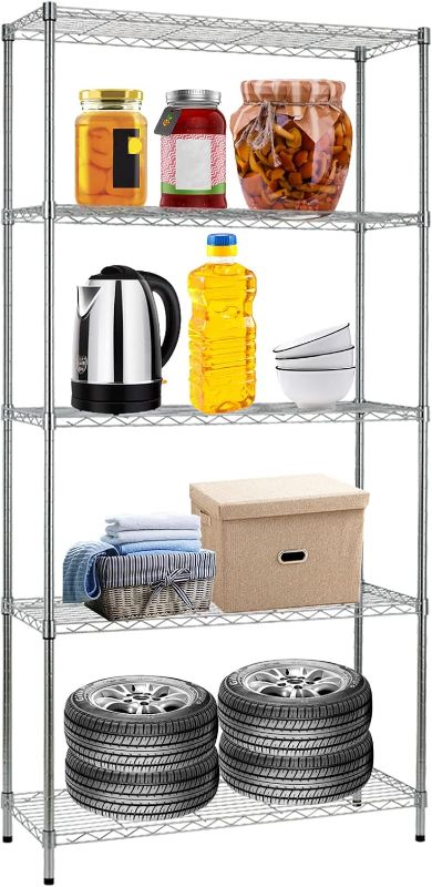 Photo 1 of  Chrome 5 Tier Shelf Wire Shelving Unit NSF Wire Shelf Metal Large Storage Shelves Heavy Duty Height Adjustable Utility for Garage Kitchen Office Commercial Shelving Steel Layer Shelf - (72"x36"x14") 