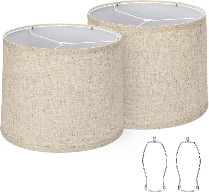 Photo 1 of Lampshades Set of 2, Drum Lampshades 11.6" Top x 12.6" Bottom x 9.8" High, Seaside village Medium Lampshades (Spider Fitter), Beige Lampshades Natural Linen Hand Crafted, Easy Assembly Required
