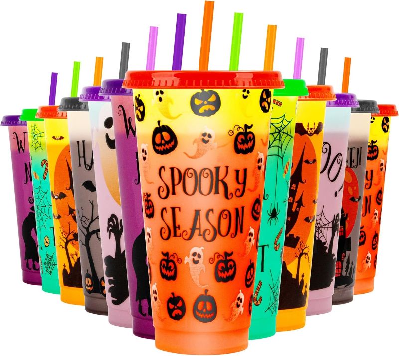 Photo 1 of Halloween Decorations Color Changing Reusable Cups with Lids and Straws - 12 Pack 24 oz Plastic Tumblers Bulk with Lids and Straws - Reusable for Party Cups
