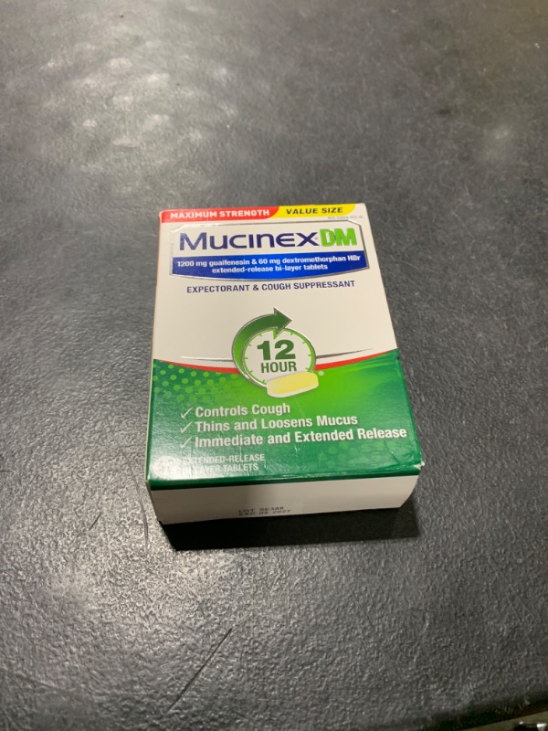 Photo 2 of Mucinex DM 12Hr Maximum Strength Chest Congestion & Cough Medicine For Adults, Cold And Cough Medicine for Excess Mucus Relief, 1200 mg Guaifenesin & 60 mg Dextromethorphan HBr, 42 Bi-Layer Tablets - EXP 05/2027