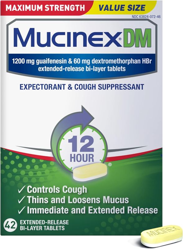 Photo 1 of Mucinex DM 12Hr Maximum Strength Chest Congestion & Cough Medicine For Adults, Cold And Cough Medicine for Excess Mucus Relief, 1200 mg Guaifenesin & 60 mg Dextromethorphan HBr, 42 Bi-Layer Tablets - EXP 05/2027