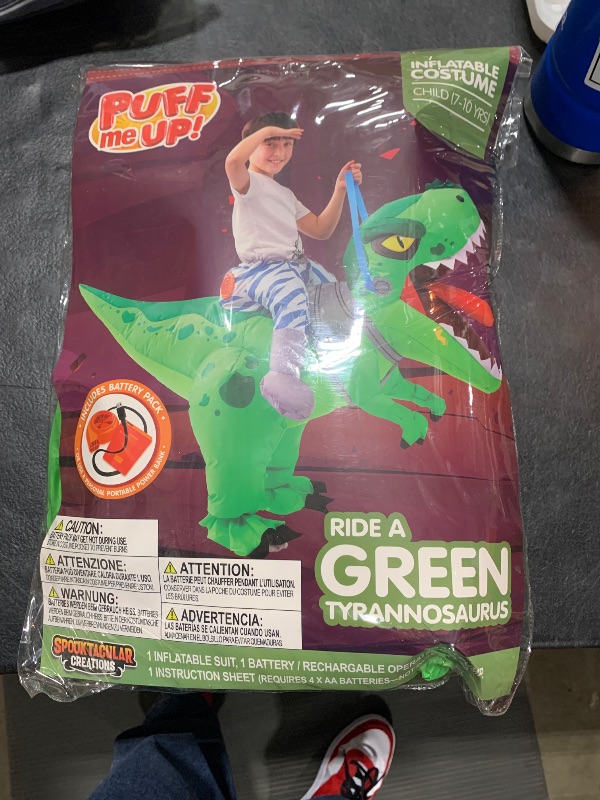 Photo 1 of Spooktacular Creations Inflatable Costumes for Kids, Tyrannosaurus Air Blow Up Costumes, Green Riding a Dinosaur Costume for Halloween Costume Parties