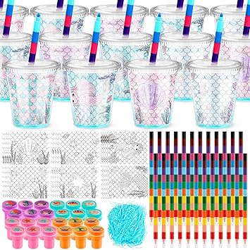 Photo 1 of 24 Sets Mermaid Stationery Set for Kids, Includes 24 Pcs Mermaid Themed Coloring Posters, 24 Pcs Crayons, Mermaid Stampers, and Plastic Cups, Mermaid Gifts Sets Bulk for Kids Mermaid Party (Mermaid)