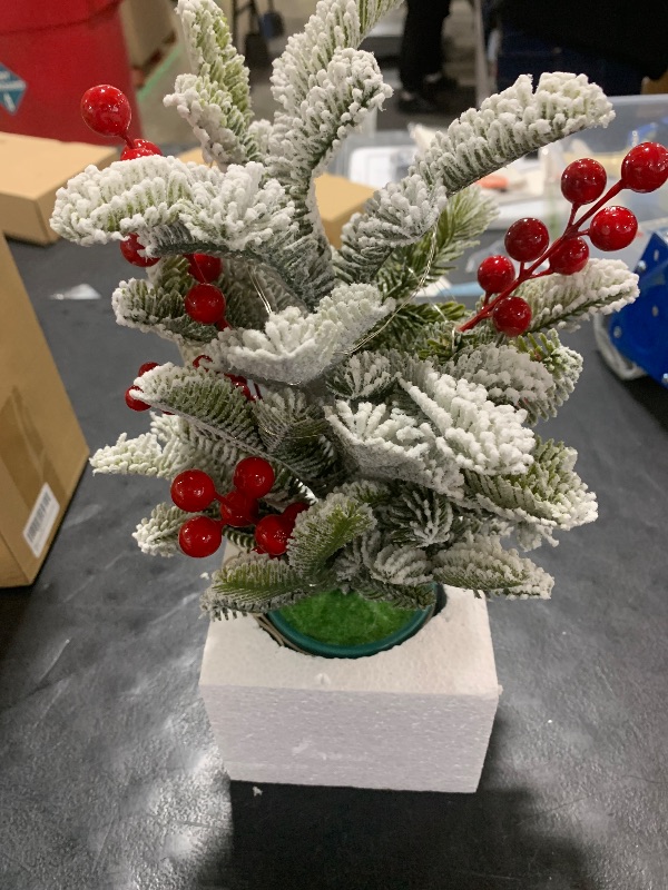 Photo 1 of Small Christmas Tree Artificial Mini Tabletop Christmas Tree for Xmas Decor, Pine Greenery with Snow Red Berry Holiday Ornaments Indoor, for Friends Family