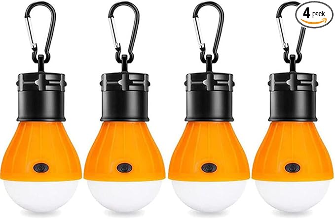 Photo 1 of LED Tent Light 4-Pack Clip Hook Hurricane Emergency Lights LED Camping Light Bulb Camping Tent Lamp Portable Lantern Bulb Camping Equipment for Camping, Hiking (Orange)