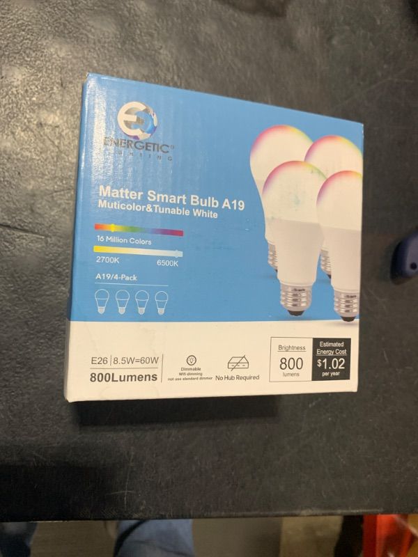 Photo 2 of Energetic Matter LED Smart Light Bulb Color Changing, RGB & 2700K-6500K Dimmable A19 60W Equivalent, App & Voice Control, Compatible with Alexa, Google Home, HomeKit, Smart Things, 4 Pack