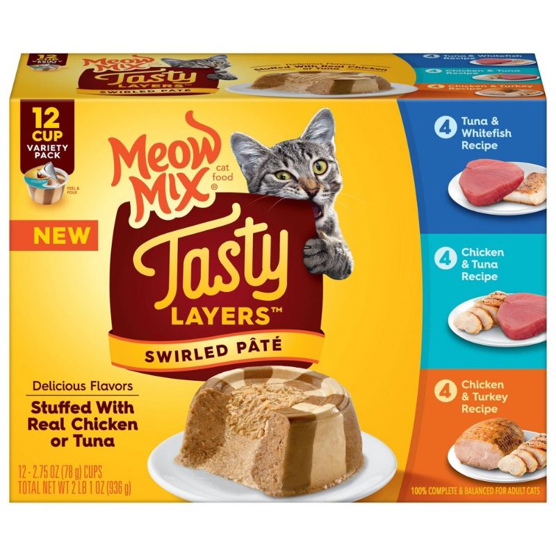 Photo 1 of Meow Mix Tasty Layers Swirled Paté Wet Cat Food Variety Pack, 2.75 Ounce Cup (Pack of 12) - BBD 12/02/2024
