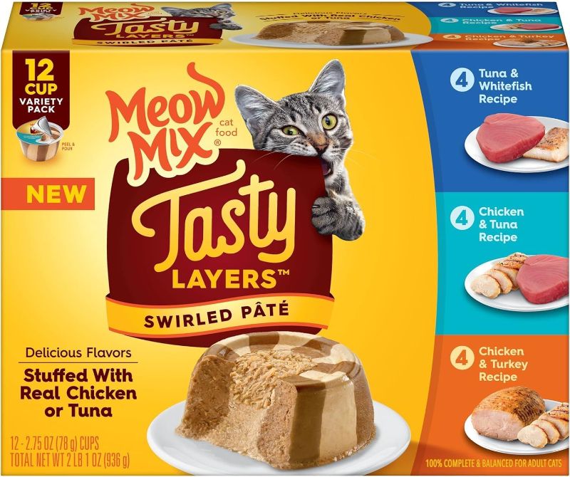 Photo 1 of Meow Mix Tasty Layers Swirled Paté Wet Cat Food Variety Pack, 2.75 Ounce Cup (Pack of 12) - BBD 12/02/2024
