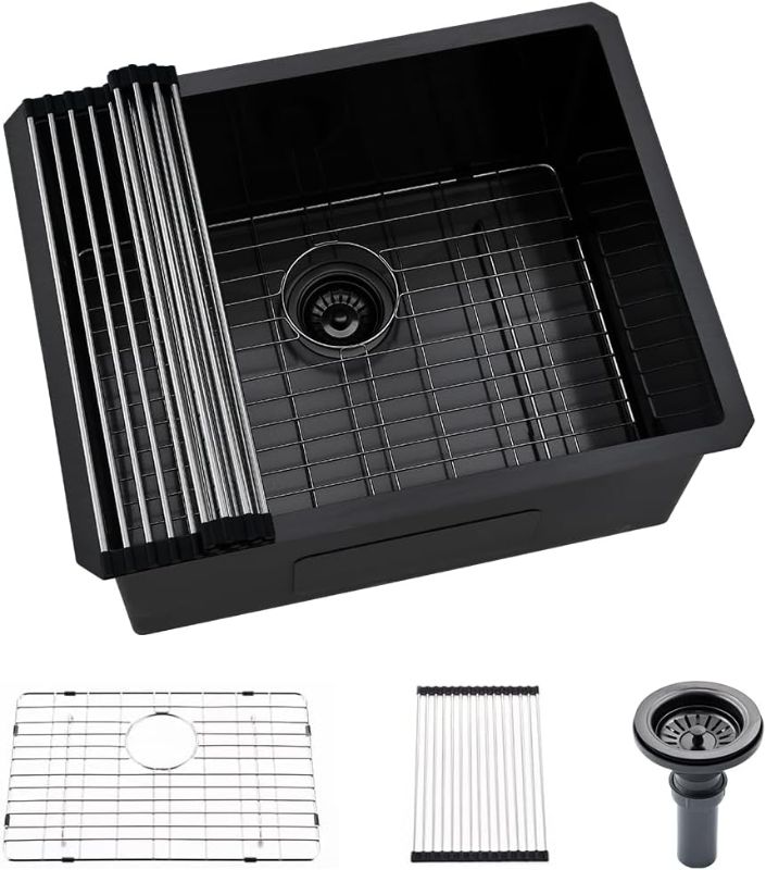 Photo 1 of Black Stainless Steel Undermount Laundry Sink-Hovheir 24"x19"x12" Deep Undermount Stainless Steel Utility Sink Matte Black Undermount Kitchen Sink 16 Gauge Single Bowl Laundry Room Sink Outdoor Sink
