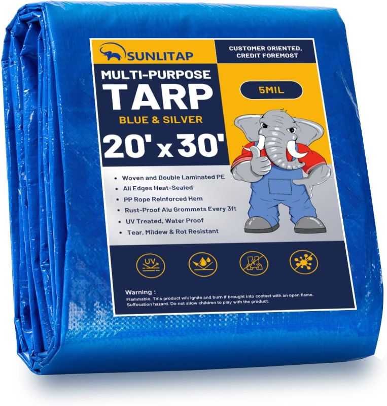 Photo 1 of 20x30Ft Tarp Cover Waterproof Poly Tarps with Metal Grommets, Reinforced Edges, UV Resistant, Rip & Tear Proof, Multipurpose Finished Size Tarps for Cars, Boat, Roof, Camping (5 Mil, Blue)
