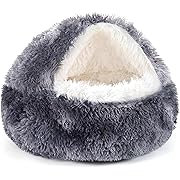 Photo 1 of  Dog Bed Round Hooded Plush Cat Cave Donut Anti Anxiety Fluffy Dog Bed for Small Medium Dog and Cat