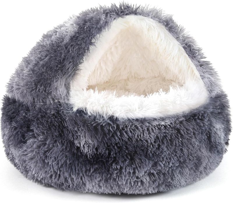 Photo 1 of Dog Bed Round Hooded Plush Cat Cave Donut Anti Anxiety Fluffy Dog Bed for Small Medium Dog and Cat