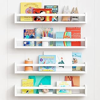 Photo 1 of Forbena 24 Inch Wall Bookshelf for Kids Bedroom Set of 4, White Floating Nursery Book Shelves for Baby Toddler Children Girls Boys Room Decor, Large Wood Wall Mount Bookshelves and Toy Storage