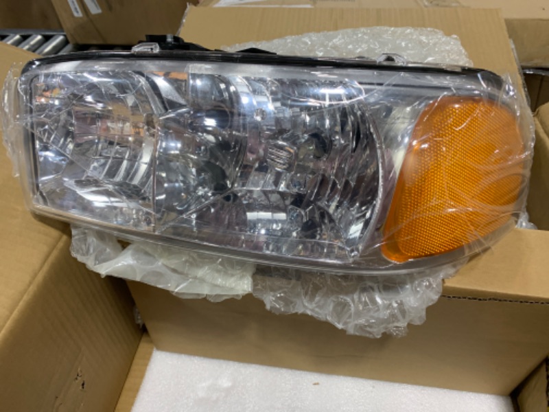 Photo 3 of Auto Dynasty Headlights Assembly Compatible with 1999-2007 GMC Sierra Yukon 1500 2500 3500, Driver and Passenger Side Halogen Headlamps Replacement w/Bumper Lamps, Chrome Housing Amber Corner
