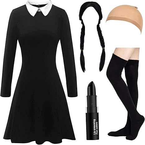 Photo 1 of 6pcs Adult Halloween Costumes for Women Long Sleeve Black Dress White Collar with Braided Wig, Thing Hand, Knee Socks, Makeup Lipstick and Wig Cap RK036XL