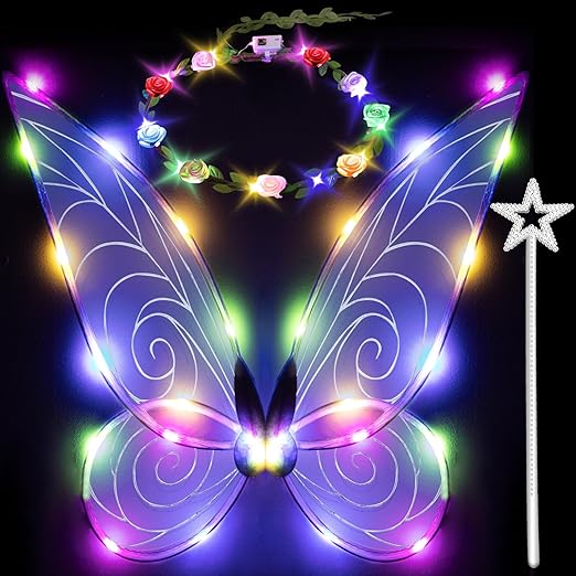 Photo 1 of quescu 3pcs Light up Fairy Wings for Adults,LED Butterfly Wings for Girls,Angel Wings Halloween Costume Dress Up for Kids
