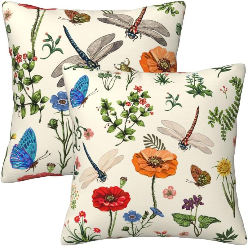 Photo 2 of Dragonfly Floral Pillow Covers 18x18 Set of 2, Spring Garden Flowers Farmhouse Throw Pillow Covers Outdoor Decorative Pillow Case for Couch Bed Sofa Cushion...
