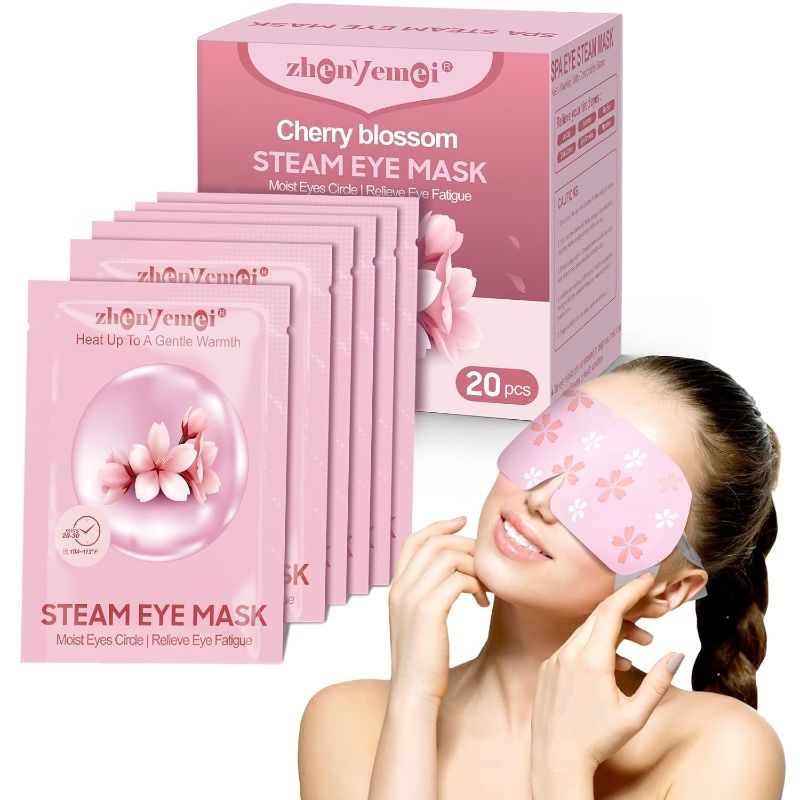 Photo 1 of Steam Eye Mask 20 Packs, Self Heating Sleep Mask for Dry Eyes, Fatigue, Dark Circles, Comfortable Moist Warming Eye Mask, Disposable Heated Eye Mask, Gift for Women, Men, Mum, Dad (Cherry Blossoms)
