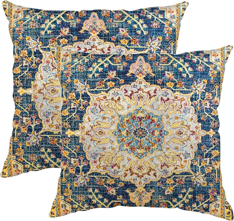 Photo 1 of Pack of 2 Pillow Covers 16x16 Inch, Vintage Turkish Boho Decorative Throw Pillow Covers for Home Decor Living Room Bed Couch, Blue Boho Pillowcase Set of 2
