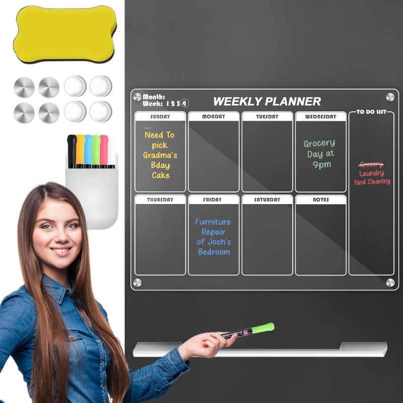 Photo 1 of Acrylic Magnetic Fridge Calendar Meal Planner Dry Erase Menu Board, 17 PCS Clear Weekly 16"x12" Reusable for Refrigerator-Planning Boards Bundle with Vibrant Markers
