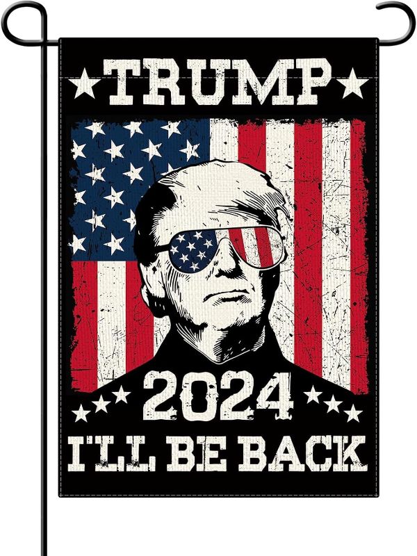 Photo 1 of Make America Great Again 2024 Trump Flag, 12x18 Inches, I'm Be Back, Double Sided Print Poster Linen Material Home Decor (TRUMP I'LL BE BACK) PACK 9
