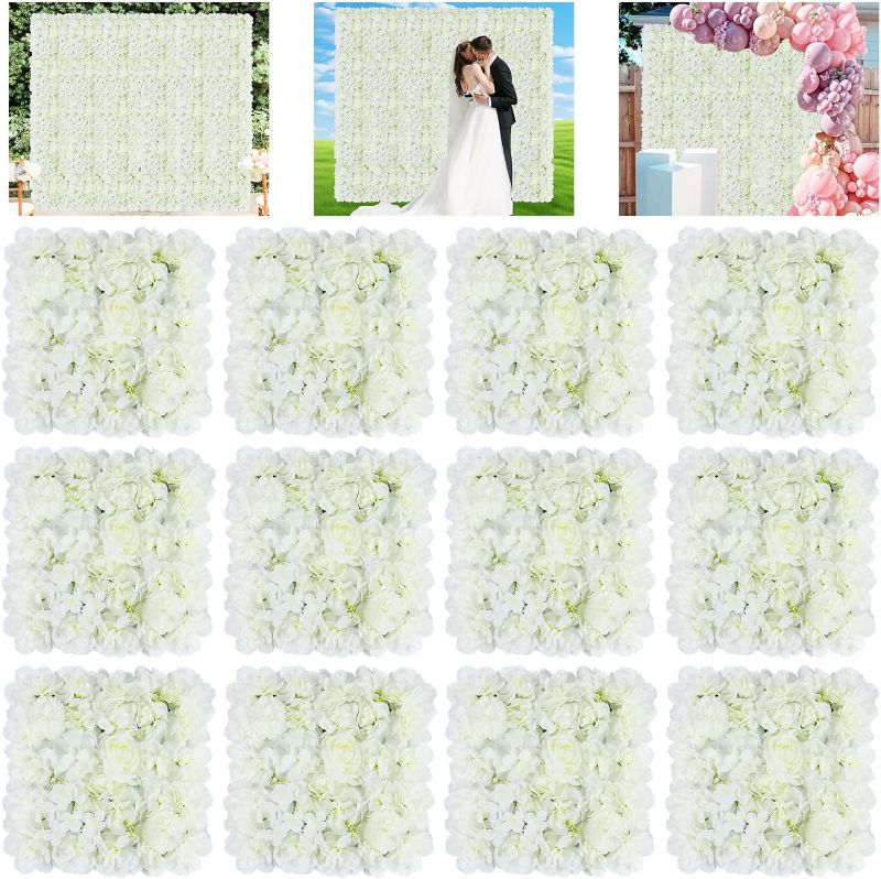 Photo 1 of  Flower Wall Backdrop Artificial Flowers White 12 PCS Flower Wall Panels 5x15 Inch 3D Floral Backdrop Wall Wedding Backdrop Floral Photo Background for Party Bridal Shower Birthday Decorations