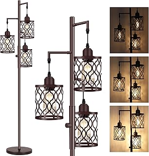 Photo 1 of 68" Farmhouse floor lamp, Dimmable Industrial Floor Lamps for Living Room, 3 Light Rustic Standing Tall Lamp Including 3 PCS 6W E26 Bulbs, Tree Floor Lamp for Bedrooms Room, Office, Bar, Brown
