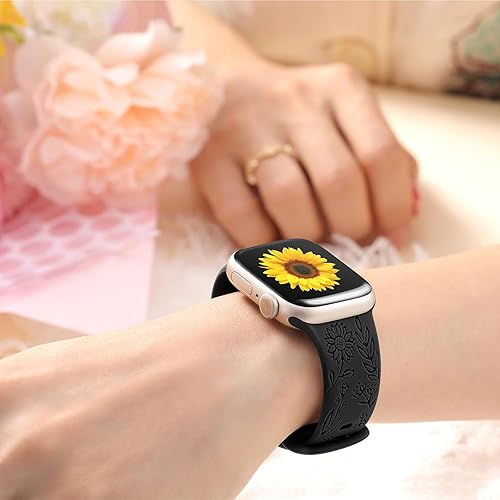 Photo 1 of Pack of 2 (6), Floral Engraved Silicone Band Compatible for Apple Watch 38mm 40mm 41mm 42mm 44mm 45mm 46mm 49mm Women,Cute Flower Sport Strap for iWatch Series 10 9 8 SE 7 6 5 4 3 Ultra