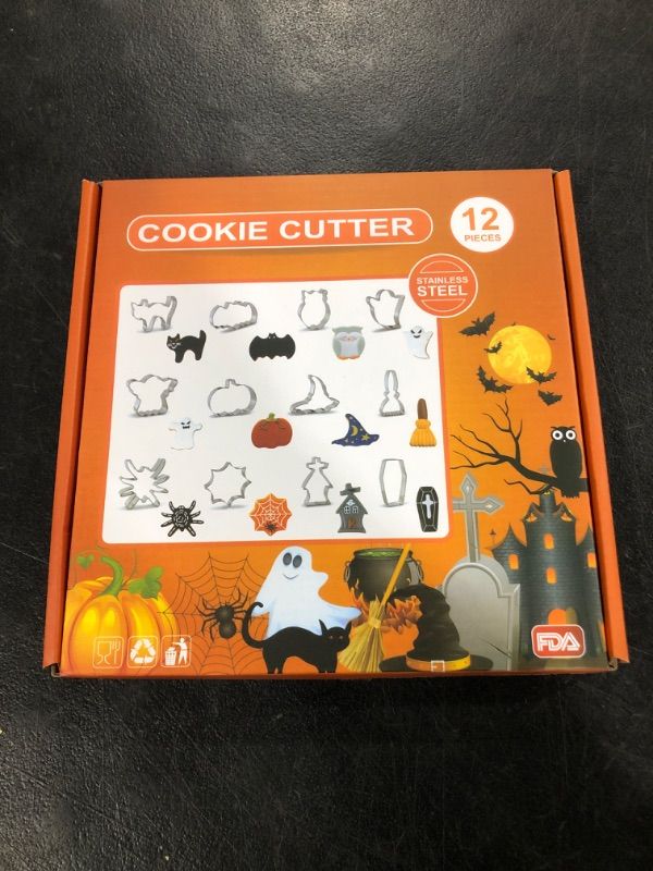 Photo 2 of 12Pcs Halloween Cookie Cutters Kit, Stainless Steel Holiday Cookie Cutters Set for Kids, Halloween Baking Ghost Cookie Cutter with Spider, Pumpkin, Bat, Cat, Ghost, Witch Hat, Good Gift for Halloween