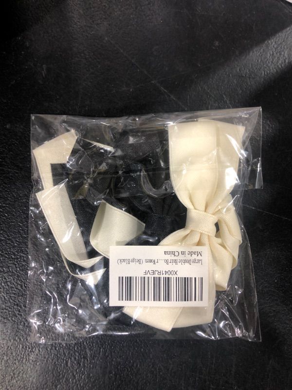 Photo 1 of Large Hair Ribbons and Barrettes Set - 2 PCS Bow Ribbons, Hair Bows, Hair Clips (Beige Black)