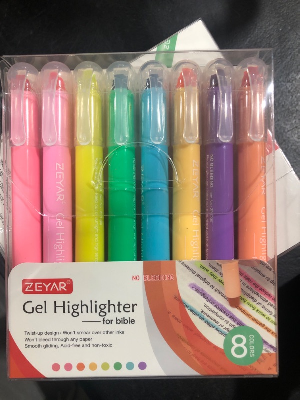 Photo 2 of ZEYAR Gel Highlighters, Bible Highlighter Pens, No Bleed, Quick Dry, assorted colors, Bible Study and Bible Journaling Supplies, Bible highlighters for Tabs (8 Fluorescent colors)