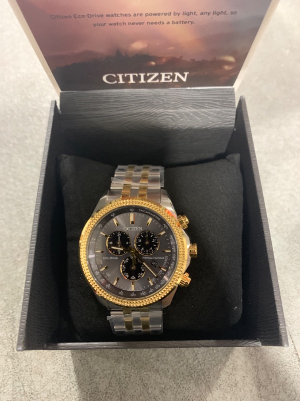 Photo 3 of Citizen Men's Eco-Drive Classic Chronograph Watch in Two Tone Stainless Steel with Perpetual Calendar, Tachymeter, Grey Dial