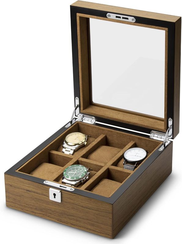 Photo 1 of ROFAY Solid Wood Watch Box Organizer with Glass Top Display, Premium Quality Bark Texture Watch Case 6 Slots with Lock for Jewelry Watches Storage 