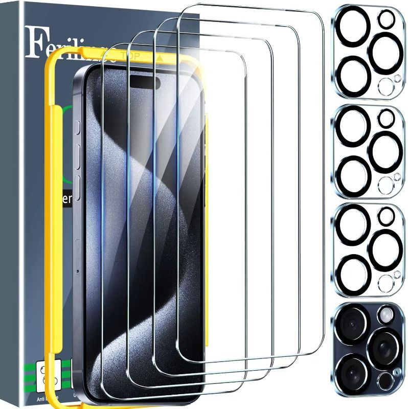 Photo 1 of Ferilinso 4 Pack Screen Protector for iPhone 15 Pro Max, with 4 Pack Tempered Glass Camera Lens Protector, Phone Case Friendly Ultra Accessories Protector de Pantalla for Apple iPhone 15 Pro Max 