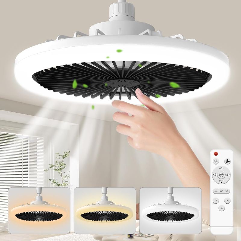 Photo 1 of Biukis Socket Ceiling Fan with Light: 10 Inch Enclosed Ceiling Fan with Light and Remote 3 Colors Infinitely Adjustable for Indoor Bedroom Bathroom Garage Black