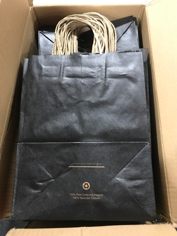 Photo 2 of BagDream Kraft Paper Bags 8x4.25x10.5 Inches 100Pcs Gift Bags Party Bags Shopping Bags Kraft Bags Retail Bags Black Paper Gift Bags with Handles Bulk