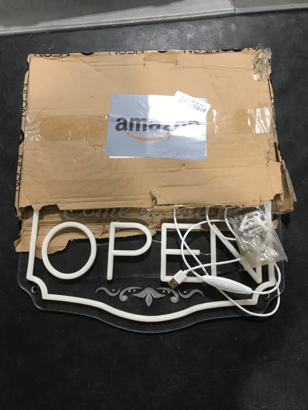 Photo 1 of LED Neon Open Sign for Business, Adjustable Brightness Neon Lights for Party Bar Salon Stores Hotel Wall Decor Come in we're Open (Warm White, 16.5x11'')